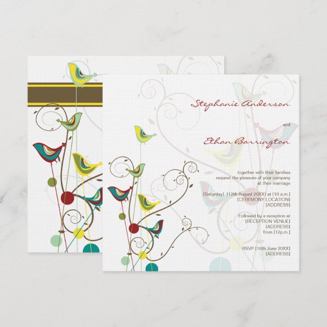 Whimsical Summer Birds And Swirls Wedding Invite (Front/Back)