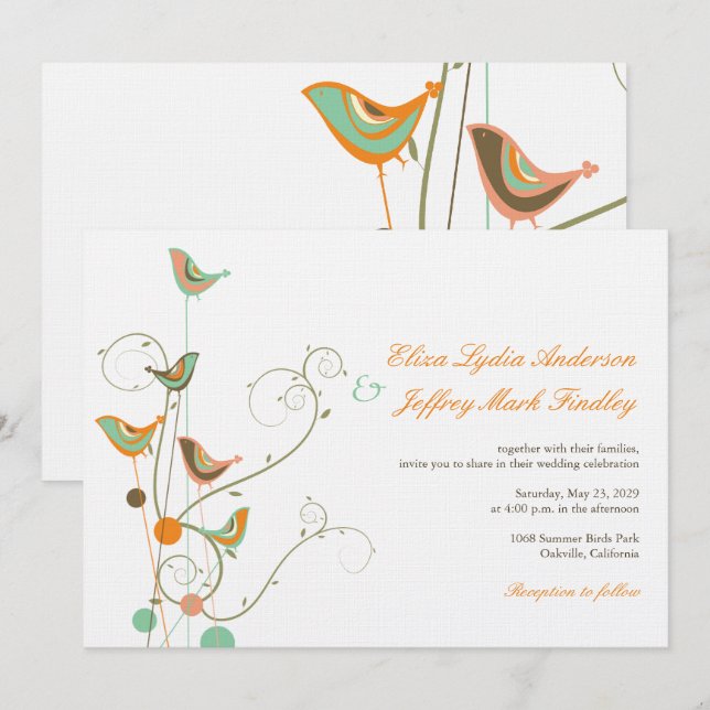 Whimsical Summer Birds And Swirls Wedding Invite (Front/Back)