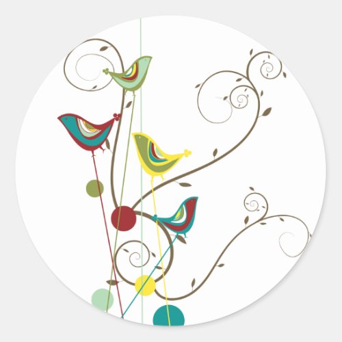 Whimsical Summer Birds Swirls Modern Nature Vines Classic Round Sticker