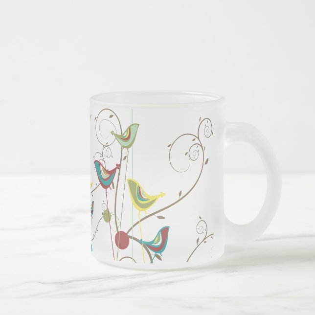 Whimsical Summer Birds Swirls Modern Nature Vines Frosted Glass Coffee Mug (Right)