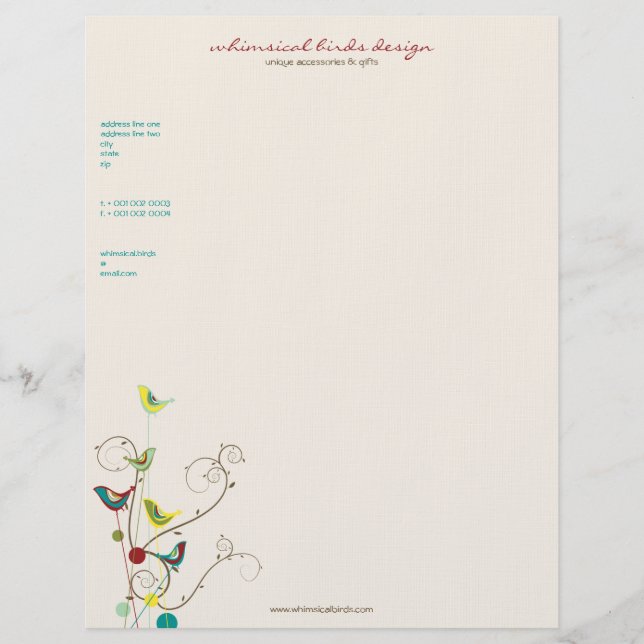 Whimsical Summer Birds Swirls Modern Nature Vines Letterhead (Front)