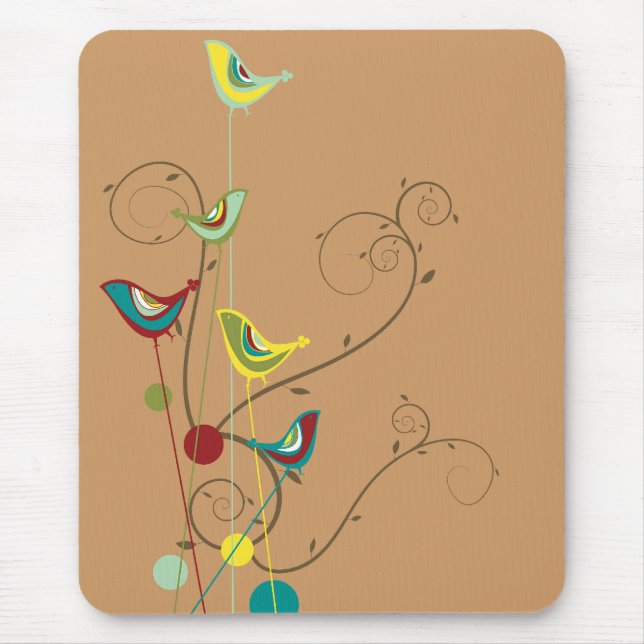 Whimsical Summer Birds Swirls Modern Nature Vines Mouse Pad (Front)