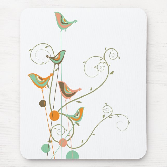 Whimsical Summer Birds Swirls Modern Nature Vines Mouse Pad (Front)