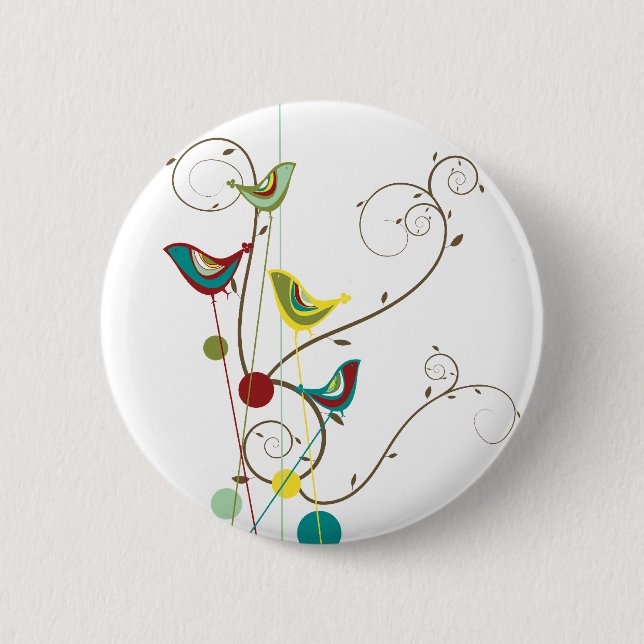 Whimsical Summer Birds Swirls Modern Nature Vines Pinback Button (Front)