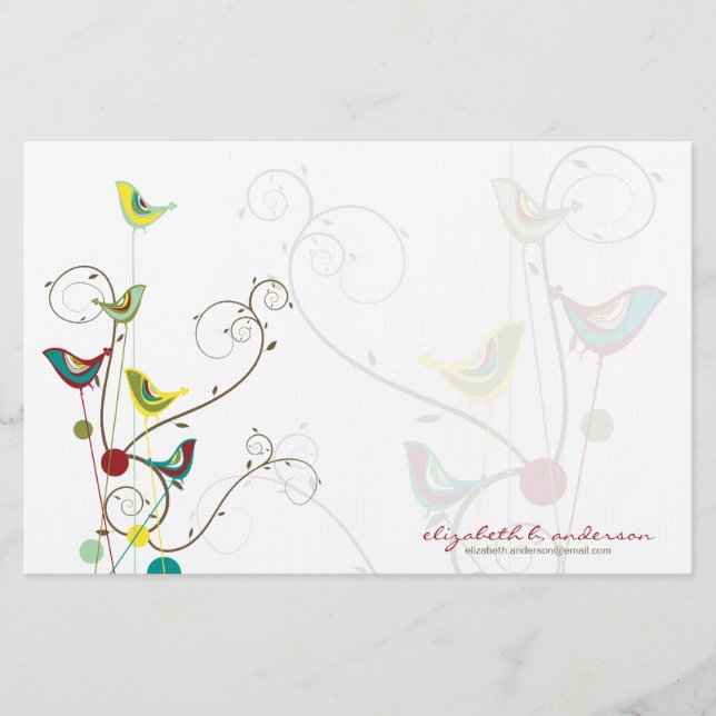 Whimsical Summer Birds Swirls Modern Nature Vines Stationery (Front)