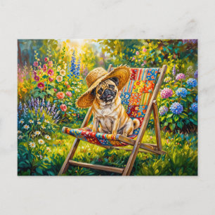Whimsical Summer Garden Mops Dog Illustration Holiday Postcard