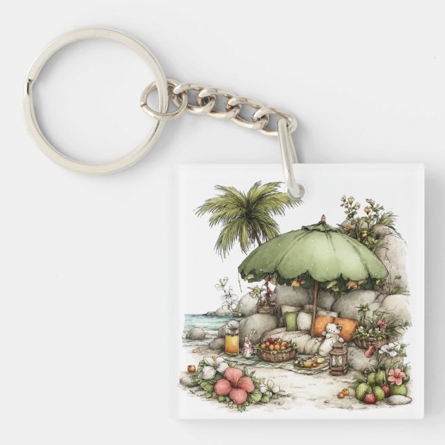 WHIMSICAL SUMMER SANDY BEACH SCENE KEYCHAIN (Front)