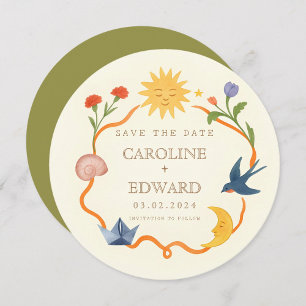 Whimsical Sun and Moon Round Save the Date Invitation
