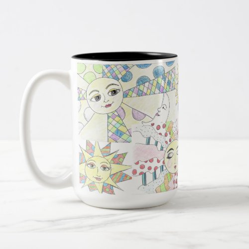 Whimsical sun collage Two_Tone coffee mug