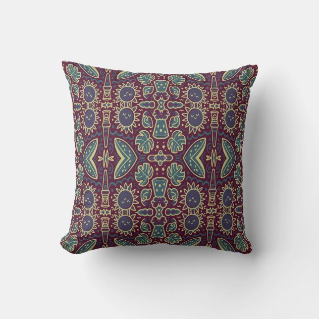 Whimsical Sun & Jungle Pattern Throw Pillow (Front)