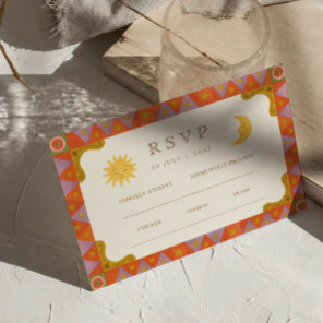 Whimsical Sun & Moon Funky Border Wedding RSVP  Card