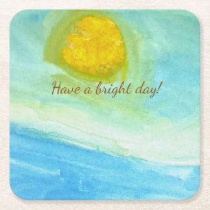 Whimsical Sun Watercolor "Have a Bright Day" Square Paper Coaster