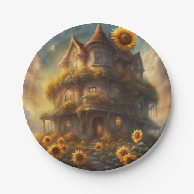 Whimsical Sunflower House Summer or Fall party Paper Plates (Front)