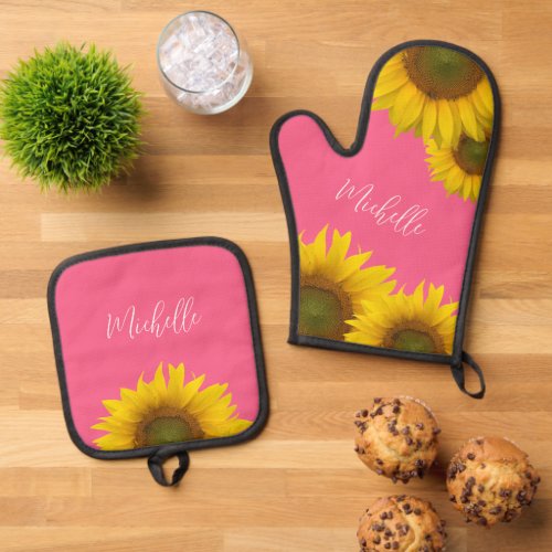 Whimsical Sunflowers Elegant Botanical Pink   Oven Mitt  Pot Holder Set