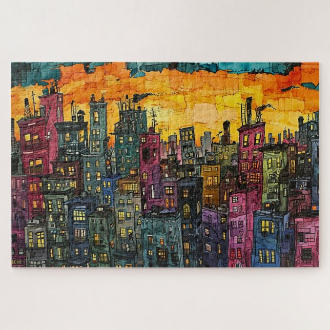 Whimsical Sunset Cityscape - Watercolor Jigsaw Puzzle (Horizontal)