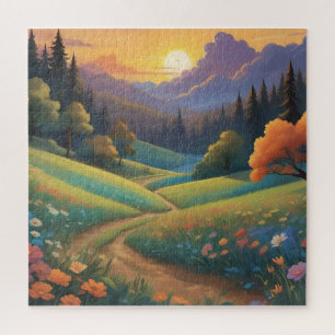 Whimsical Sunset Hills Colorful Landscape Jigsaw Puzzle