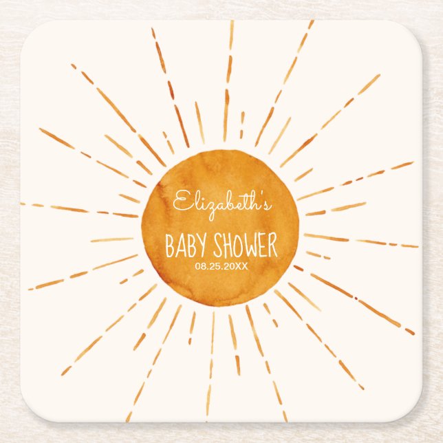 Whimsical Sunshine Baby Shower  Square Paper Coaster (Front)