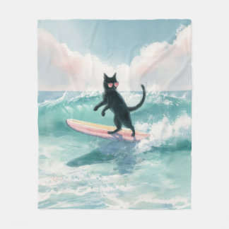 Whimsical Surfing Black Cat Beach Blanket