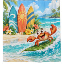 Whimsical Surfing Crab and Colorful Surfboards