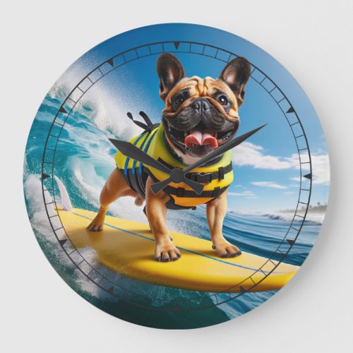 Whimsical Surfing French Bulldog Large Clock