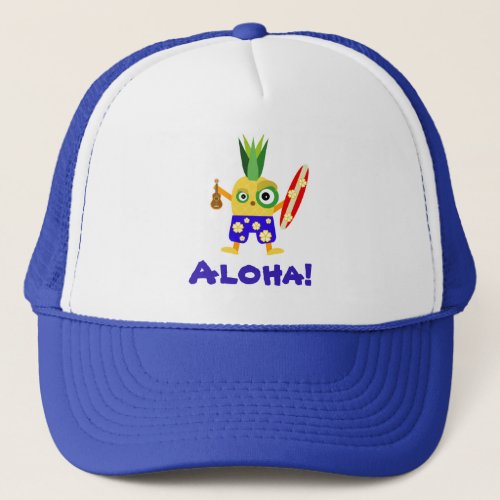 Whimsical Surfing Pineapple Aloha Cartoon Trucker Hat