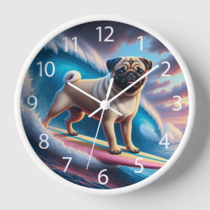 Whimsical Surfing Pug Clock