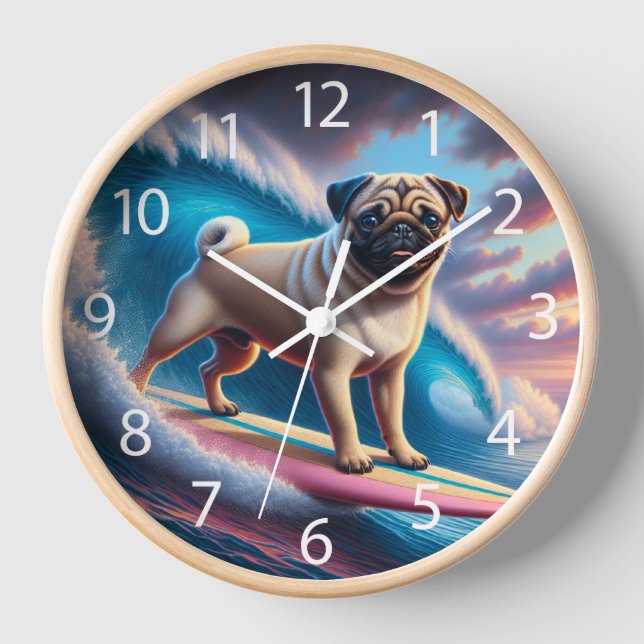Whimsical Surfing Pug Clock (Front)