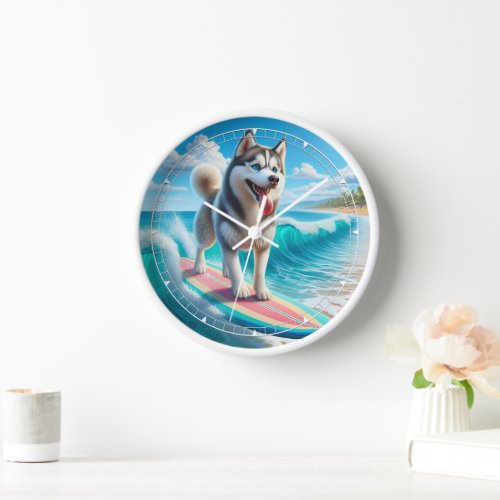 Whimsical Surfing Siberian Husky Clock