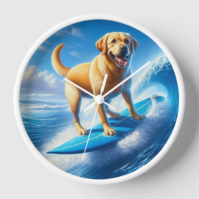 Whimsical Surfing Yellow Lab  Clock (Front)
