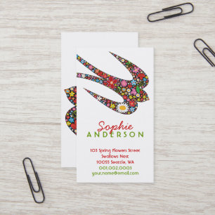 Whimsical Swallow Bird And Colorful Spring Flowers Business Card