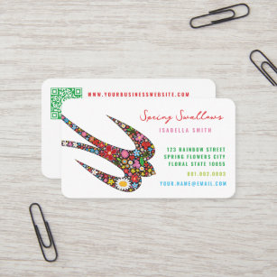 Whimsical Swallow Bird And Colorful Spring Flowers Business Card