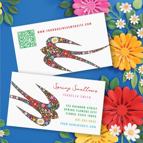 Whimsical Swallow Bird And Colorful Spring Flowers Business Card