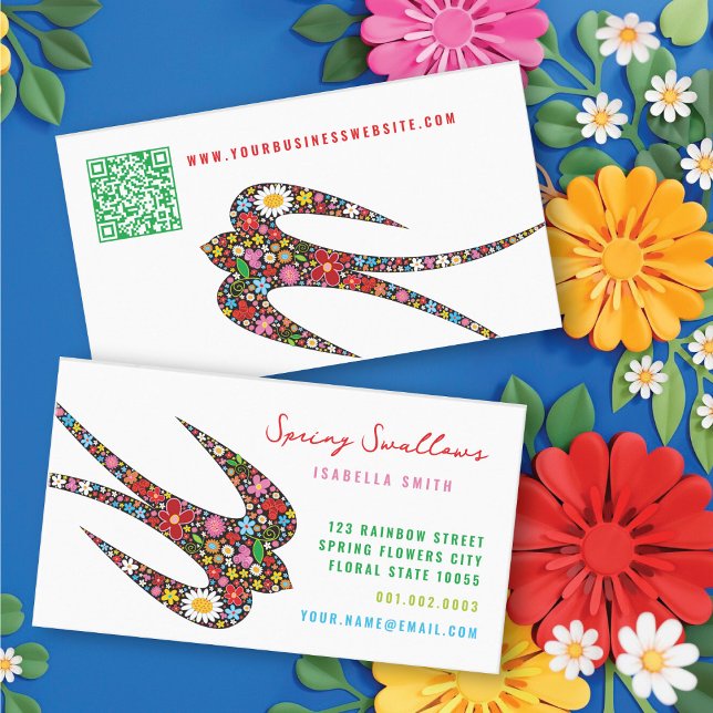 Whimsical Swallow Bird And Colorful Spring Flowers Business Card (Whimsical Swallow Bird And Colorful Spring Flowers Business Card @ fatfatin)