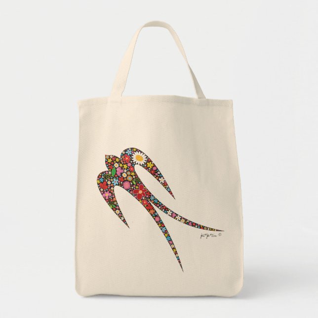 Whimsical Swallow Bird Colorful Spring Flowers Tote Bag (Front)