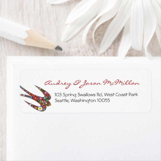 Whimsical Swallow Colorful Spring Flowers Address Label (Insitu)