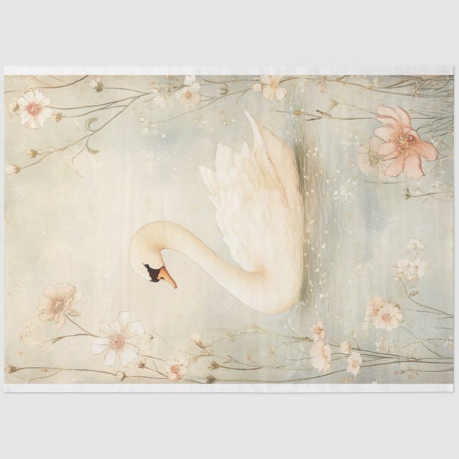 Whimsical Swan with Flowers Decoupage Tissue Paper (Front)
