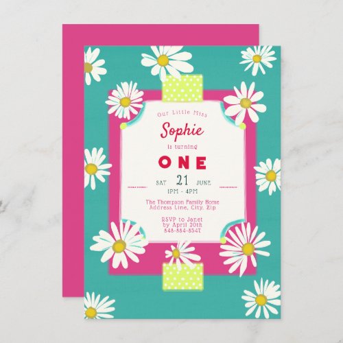 Whimsical Sweet Daisies Frame Our Little Miss One Invitation