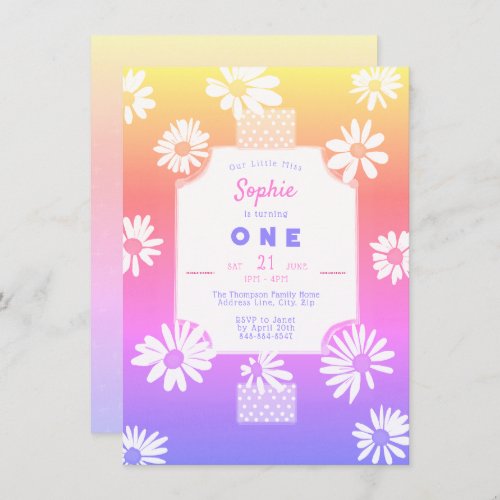 Whimsical Sweet Daisies Rainbow Little Miss One Invitation
