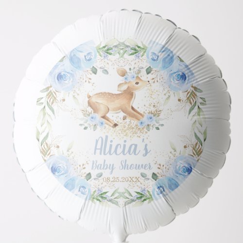Whimsical Sweet Deer Blue Floral Baby Shower  Balloon