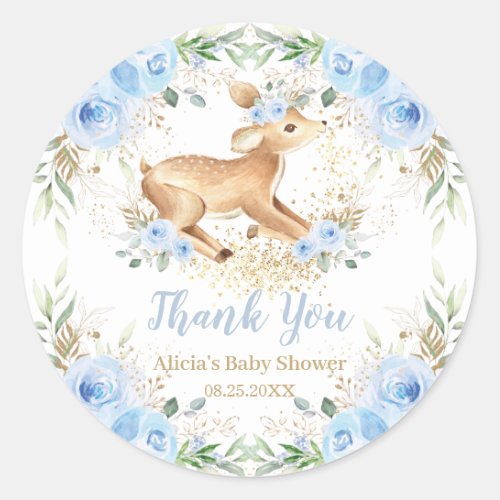 Whimsical Sweet Deer Blue Floral Baby Shower  Classic Round Sticker