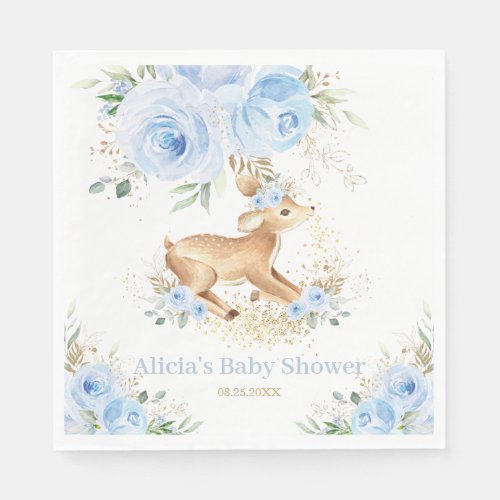Whimsical Sweet Deer Blue Floral Baby Shower  Napkins