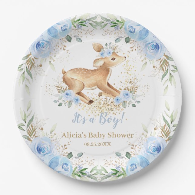Whimsical Sweet Deer Blue Floral Baby Shower  Paper Plates (Front)
