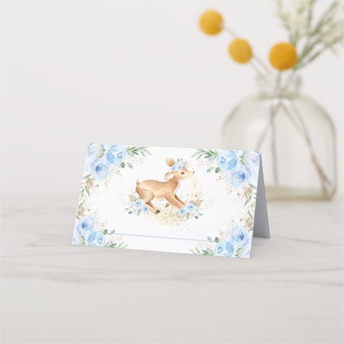 Whimsical Sweet Deer Blue Floral Baby Shower  Place Card