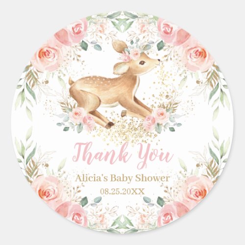 Whimsical Sweet Deer Blush Floral Baby Shower  Classic Round Sticker