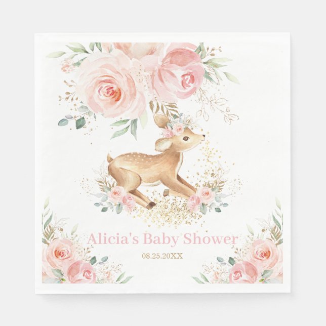 Whimsical Sweet Deer Blush Floral Baby Shower  Napkins (Front)