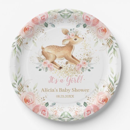 Whimsical Sweet Deer Blush Floral Baby Shower  Paper Plates