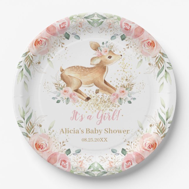 Whimsical Sweet Deer Blush Floral Baby Shower  Paper Plates (Front)