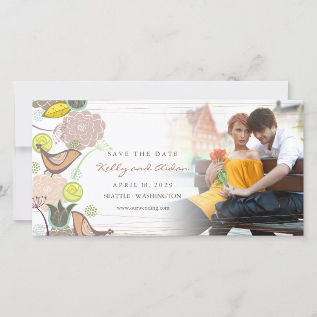 Whimsical Sweet Pink Bird Chic Floral Garden Photo Save The Date (Front)
