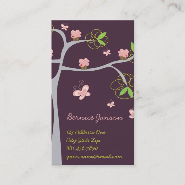 Whimsical Sweet Pink Cupcakes on Tree Butterfly Business Card (Front)