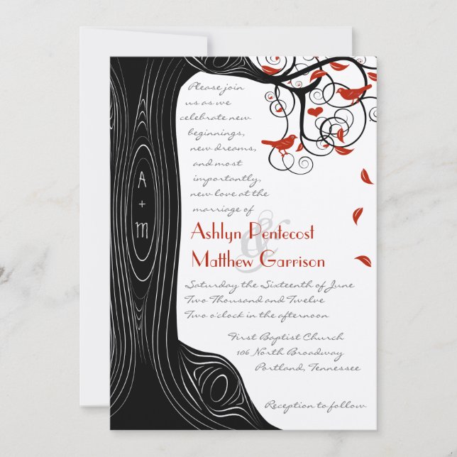 Whimsical Swirl Black & Red Birds in a Tree Invitation (Front)